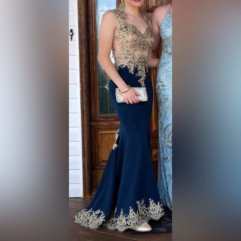 Johnathan Kayne gorgeous blue / gold lace prom gown with train size 4